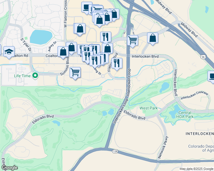 map of restaurants, bars, coffee shops, grocery stores, and more near 480 Flatiron Boulevard in Broomfield