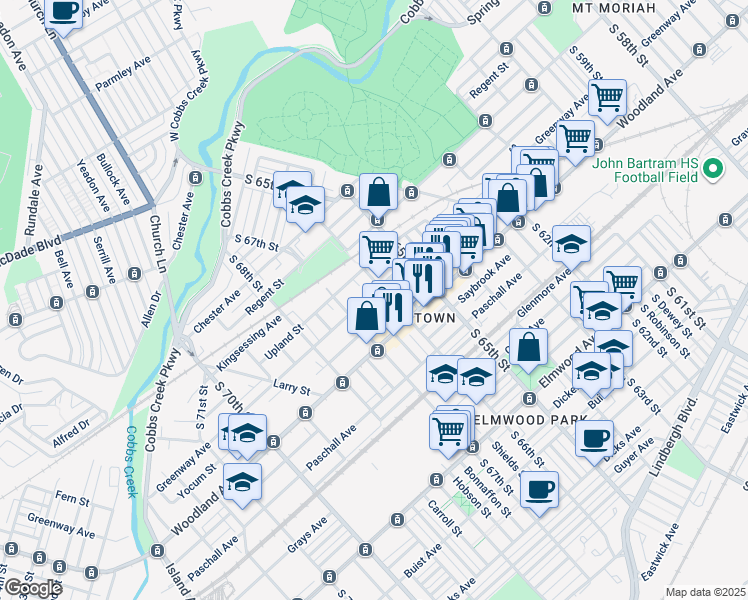 map of restaurants, bars, coffee shops, grocery stores, and more near 6616 Greenway Avenue in Philadelphia