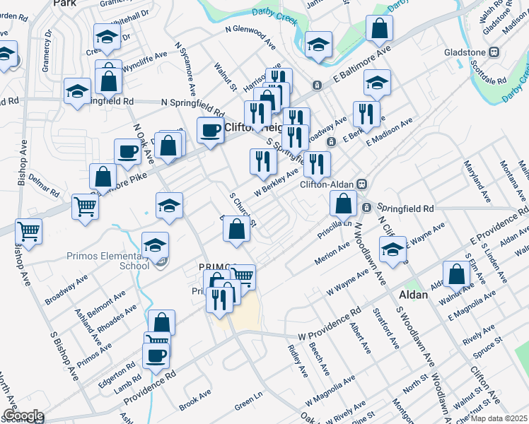 map of restaurants, bars, coffee shops, grocery stores, and more near 132 West Madison Avenue in Clifton Heights