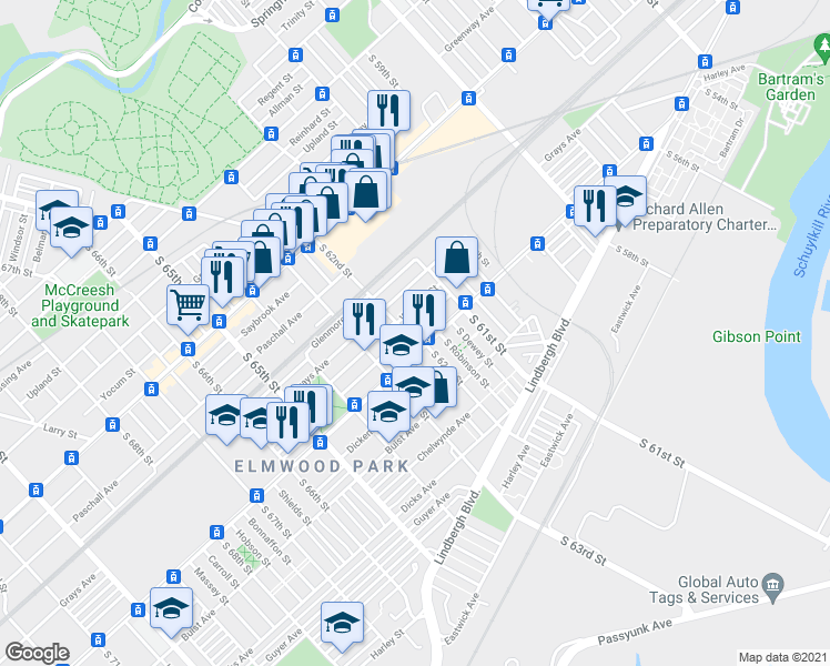 map of restaurants, bars, coffee shops, grocery stores, and more near 2439 South 62nd Street in Philadelphia