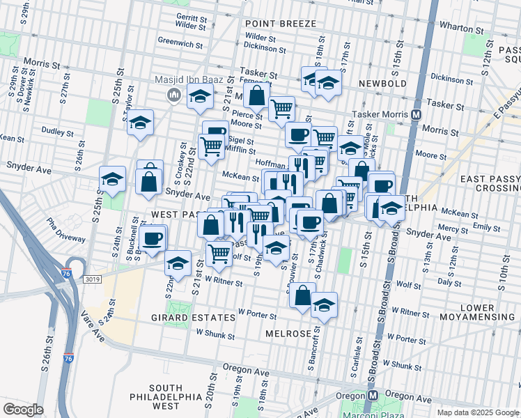 map of restaurants, bars, coffee shops, grocery stores, and more near 2101 South Garnet Street in Philadelphia