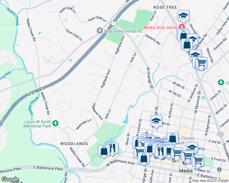 map of restaurants, bars, coffee shops, grocery stores, and more near 381 Kirk Lane in Media