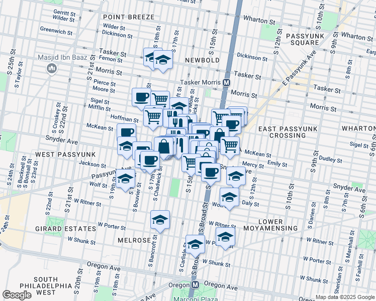 map of restaurants, bars, coffee shops, grocery stores, and more near 1515 West Passyunk Avenue in Philadelphia