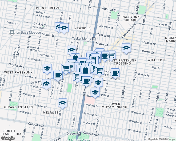 map of restaurants, bars, coffee shops, grocery stores, and more near Broad Street in Philadelphia