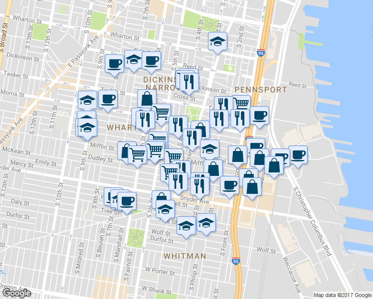 map of restaurants, bars, coffee shops, grocery stores, and more near 1822 East Moyamensing Avenue in Philadelphia