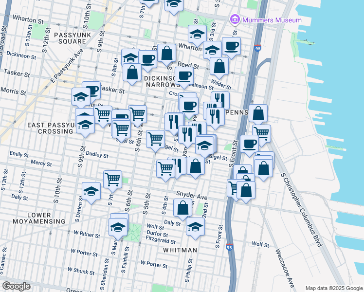map of restaurants, bars, coffee shops, grocery stores, and more near 1822 East Moyamensing Avenue in Philadelphia