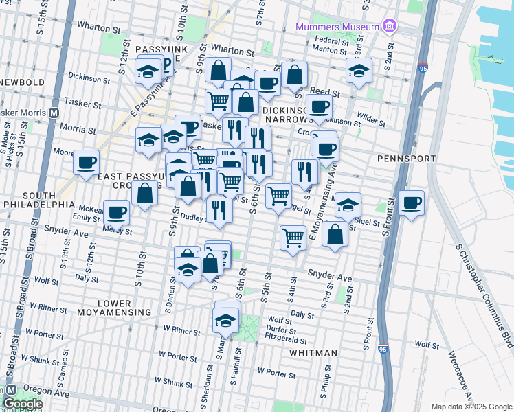 map of restaurants, bars, coffee shops, grocery stores, and more near 1831 South 6th Street in Philadelphia