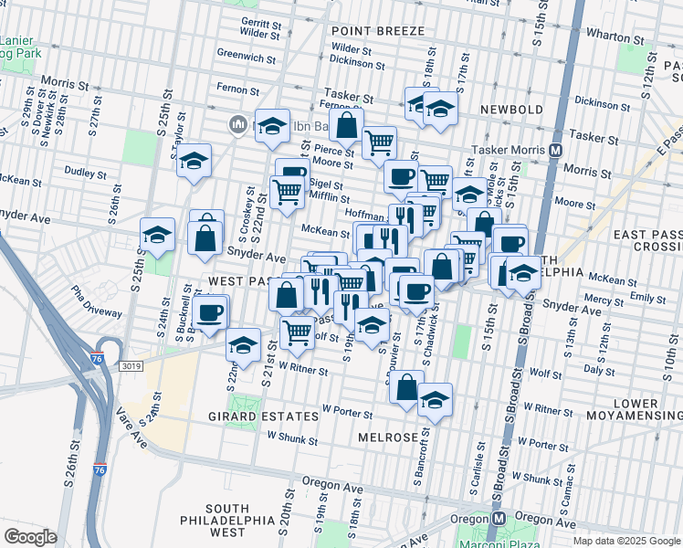 map of restaurants, bars, coffee shops, grocery stores, and more near 2103 South Opal Street in Philadelphia
