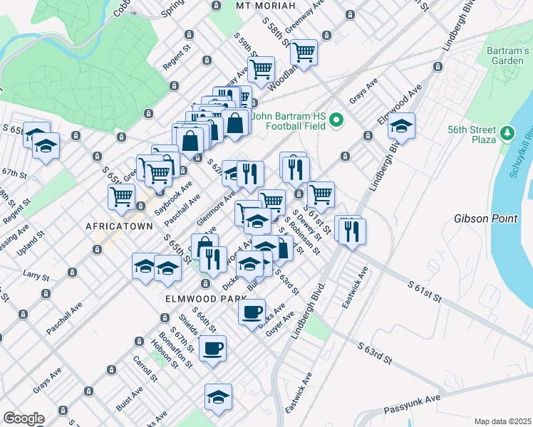 map of restaurants, bars, coffee shops, grocery stores, and more near 2439 South 62nd Street in Philadelphia