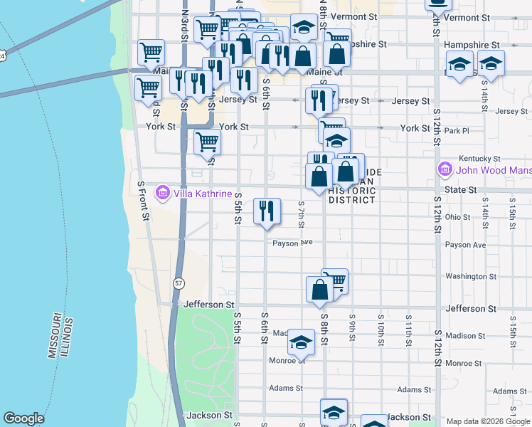 map of restaurants, bars, coffee shops, grocery stores, and more near 598 S 6th St in Quincy