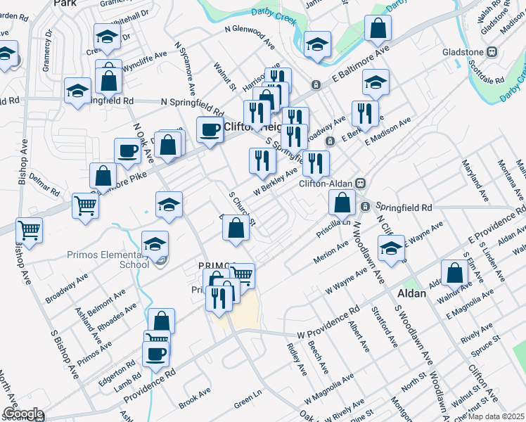 map of restaurants, bars, coffee shops, grocery stores, and more near 132 West Madison Avenue in Clifton Heights