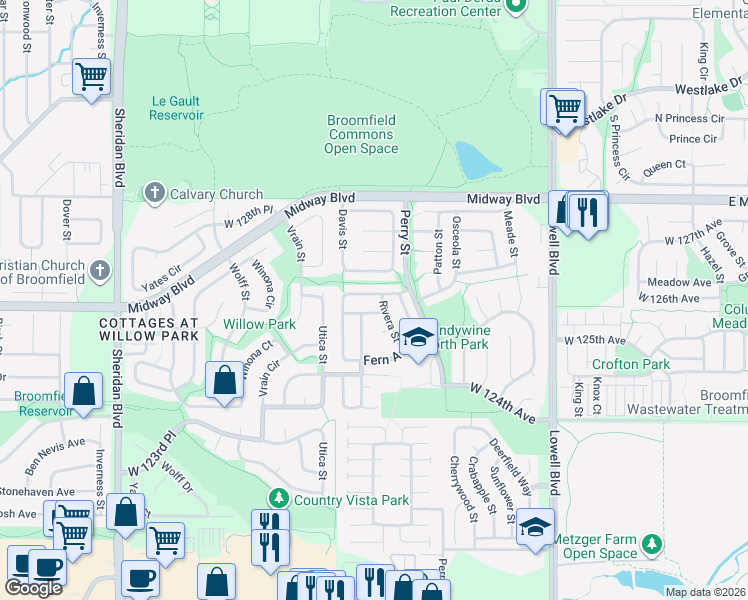 map of restaurants, bars, coffee shops, grocery stores, and more near 4266 Snowbird Avenue in Broomfield