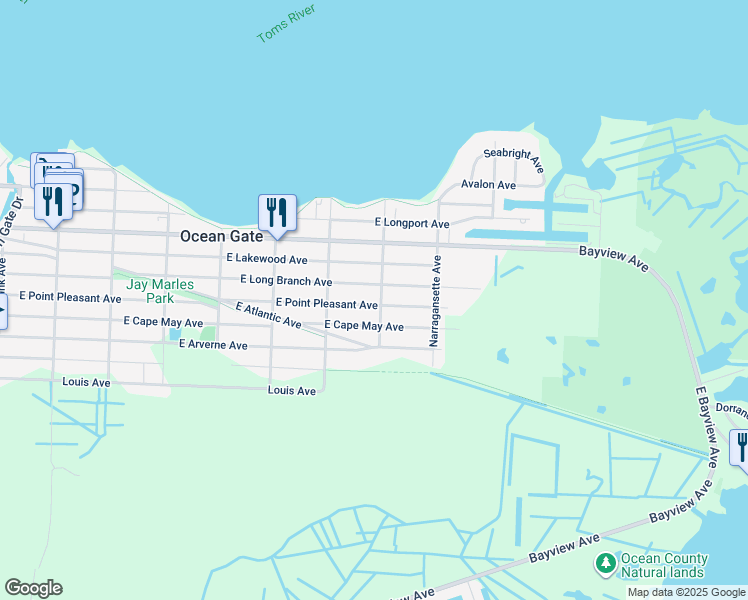 map of restaurants, bars, coffee shops, grocery stores, and more near 616 Newport Avenue in Ocean Gate