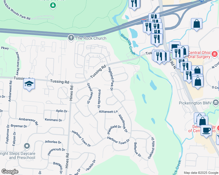 map of restaurants, bars, coffee shops, grocery stores, and more near 7612 Torrey Pines Court in Pickerington