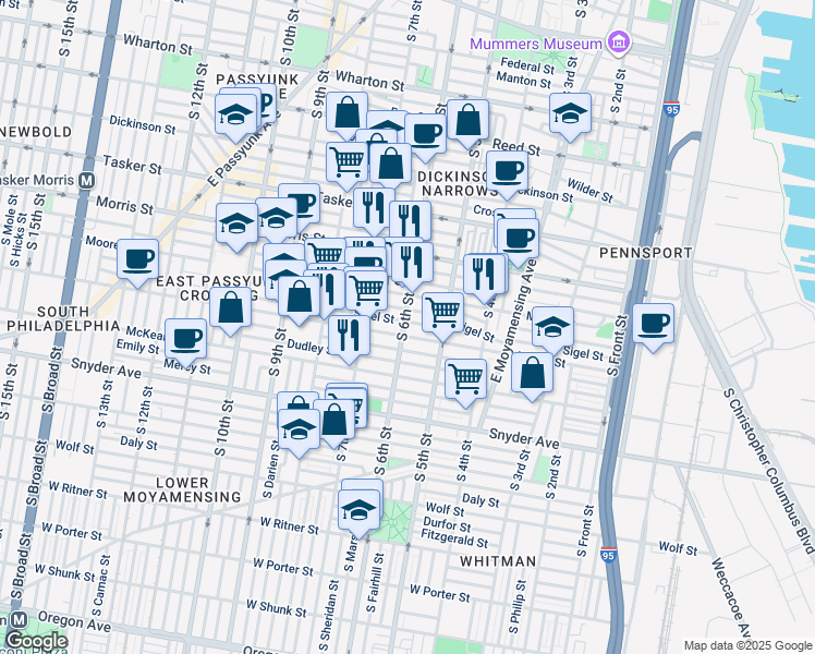 map of restaurants, bars, coffee shops, grocery stores, and more near 1831 South 6th Street in Philadelphia