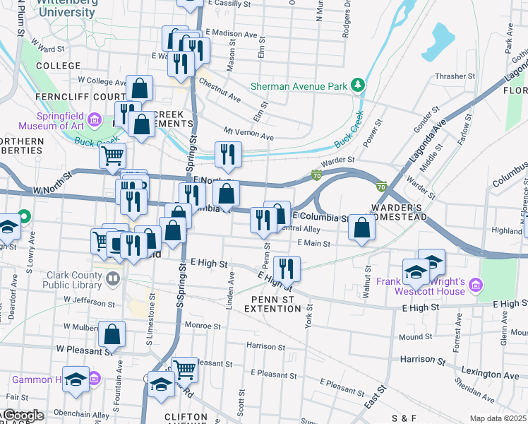 map of restaurants, bars, coffee shops, grocery stores, and more near 101 Water Street in Springfield