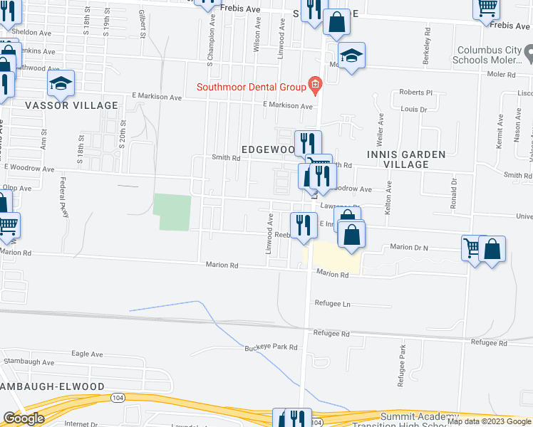 map of restaurants, bars, coffee shops, grocery stores, and more near 1937 Linwood Avenue in Columbus