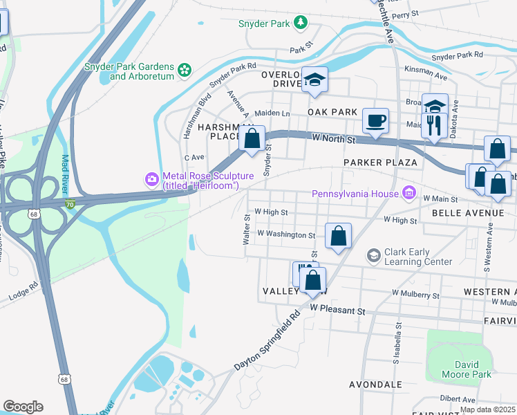 map of restaurants, bars, coffee shops, grocery stores, and more near 1918 West High Street in Springfield