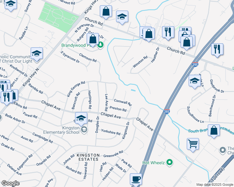 map of restaurants, bars, coffee shops, grocery stores, and more near 404 King George Road in Cherry Hill