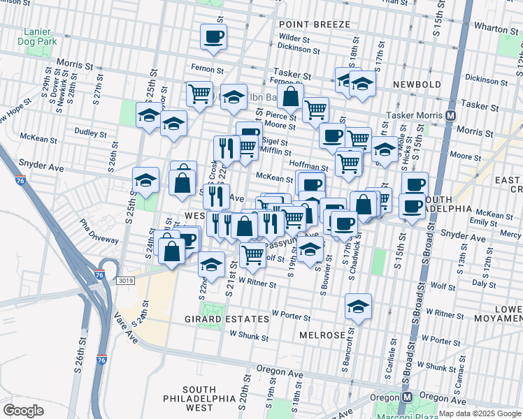 map of restaurants, bars, coffee shops, grocery stores, and more near 2112 S Woodstock St in Philadelphia