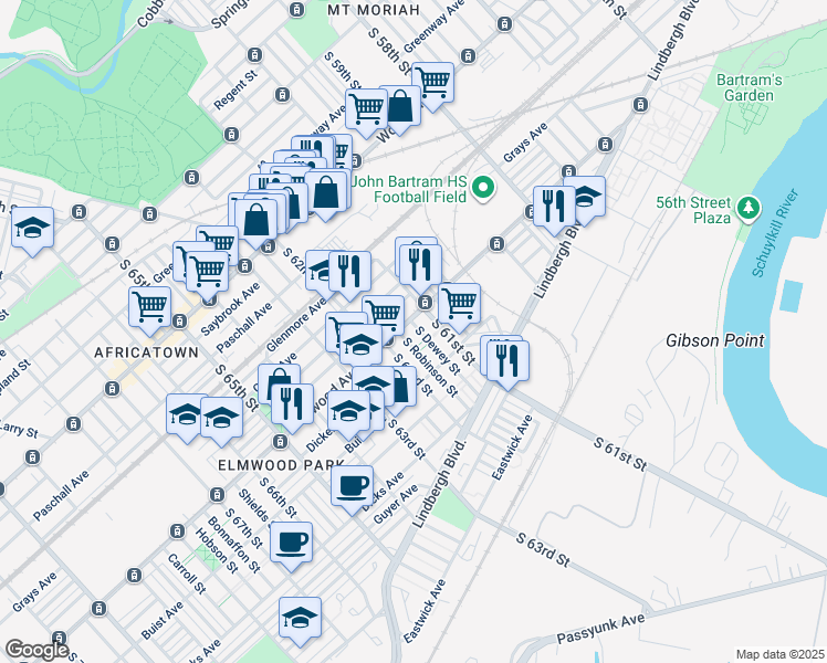 map of restaurants, bars, coffee shops, grocery stores, and more near 2508 South Dewey Street in Philadelphia