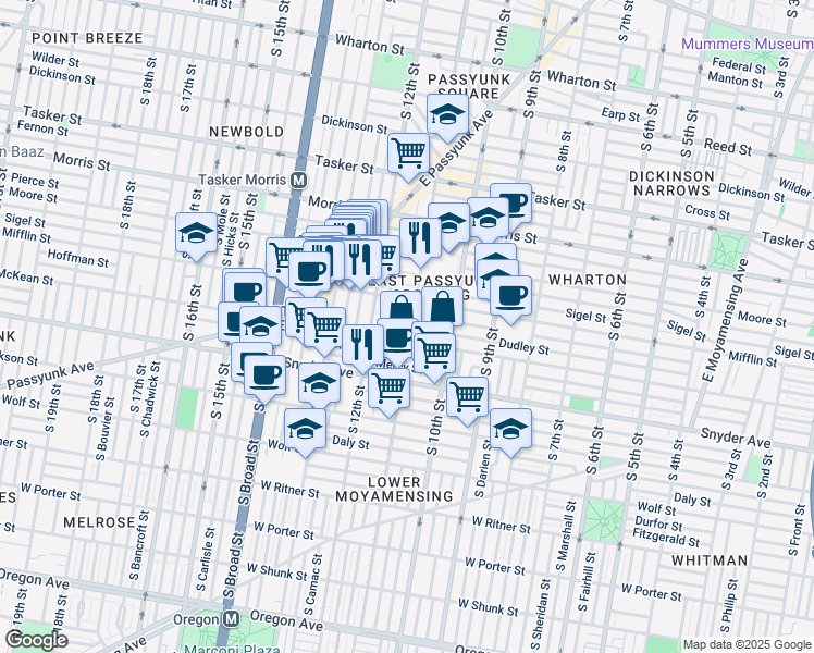 map of restaurants, bars, coffee shops, grocery stores, and more near 1934 South 11th Street in Philadelphia