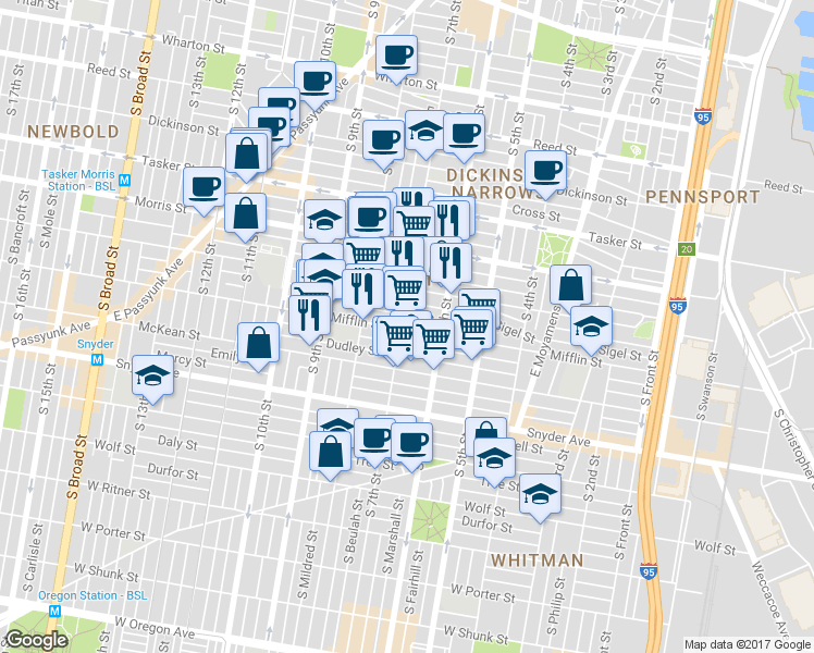 map of restaurants, bars, coffee shops, grocery stores, and more near 1839 South 7th Street in Philadelphia