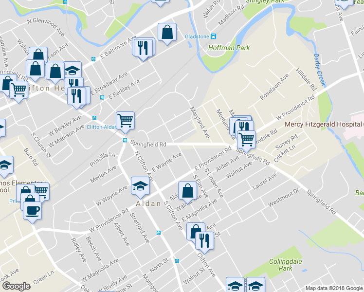 map of restaurants, bars, coffee shops, grocery stores, and more near 47 North Elm Avenue in Aldan