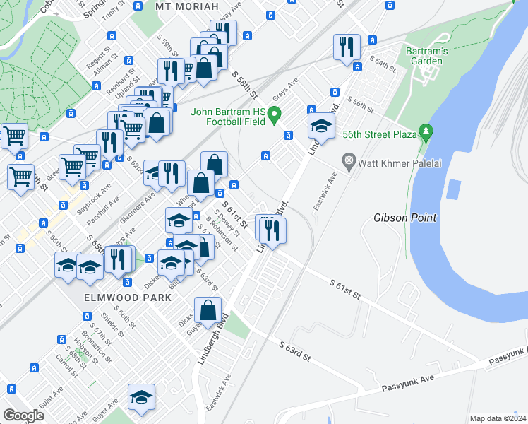 map of restaurants, bars, coffee shops, grocery stores, and more near 2614 South 60th Street in Philadelphia