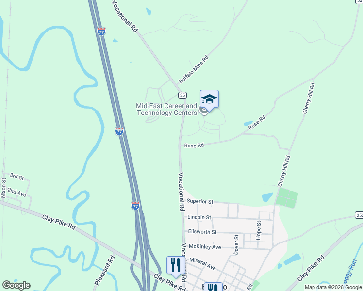 map of restaurants, bars, coffee shops, grocery stores, and more near 12101 Rose Road in Senecaville