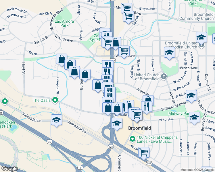 map of restaurants, bars, coffee shops, grocery stores, and more near 1902 W 6th Ave in Broomfield