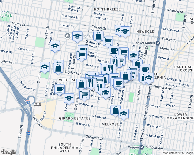 map of restaurants, bars, coffee shops, grocery stores, and more near 2103 South Opal Street in Philadelphia