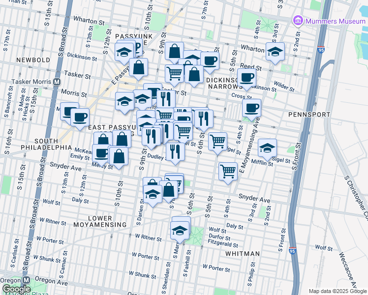 map of restaurants, bars, coffee shops, grocery stores, and more near 1839 South 7th Street in Philadelphia