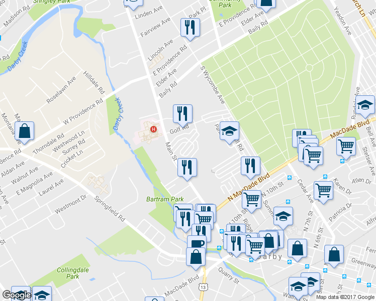 map of restaurants, bars, coffee shops, grocery stores, and more near 33 Mermont Circle in Darby