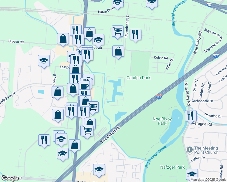 map of restaurants, bars, coffee shops, grocery stores, and more near 2400 Shore Boulevard East in Columbus