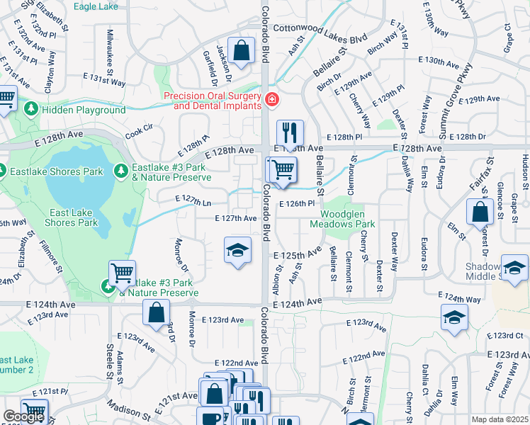 map of restaurants, bars, coffee shops, grocery stores, and more near 12631 Albion Street in Thornton