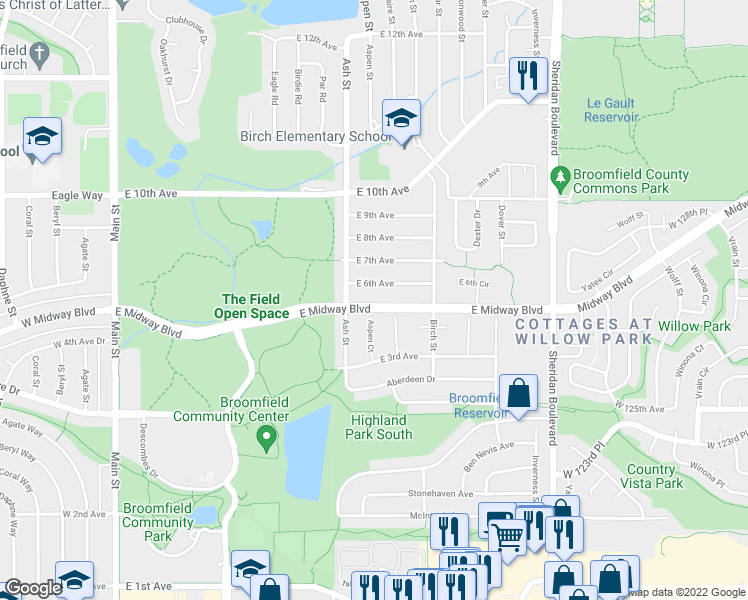 map of restaurants, bars, coffee shops, grocery stores, and more near 945 East Midway Boulevard in Broomfield