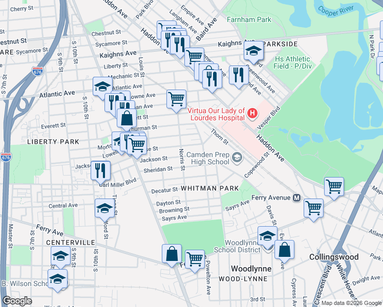 map of restaurants, bars, coffee shops, grocery stores, and more near 1329 Jackson Street in Camden