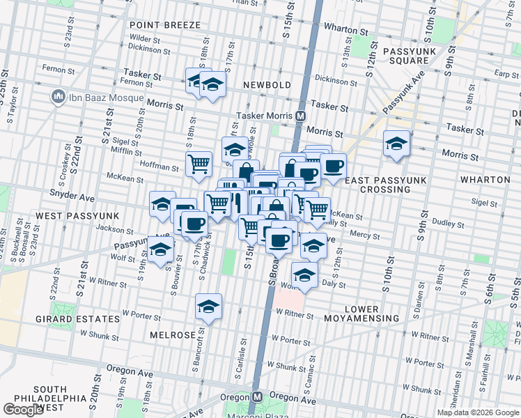 map of restaurants, bars, coffee shops, grocery stores, and more near 2009 South 15th Street in Philadelphia