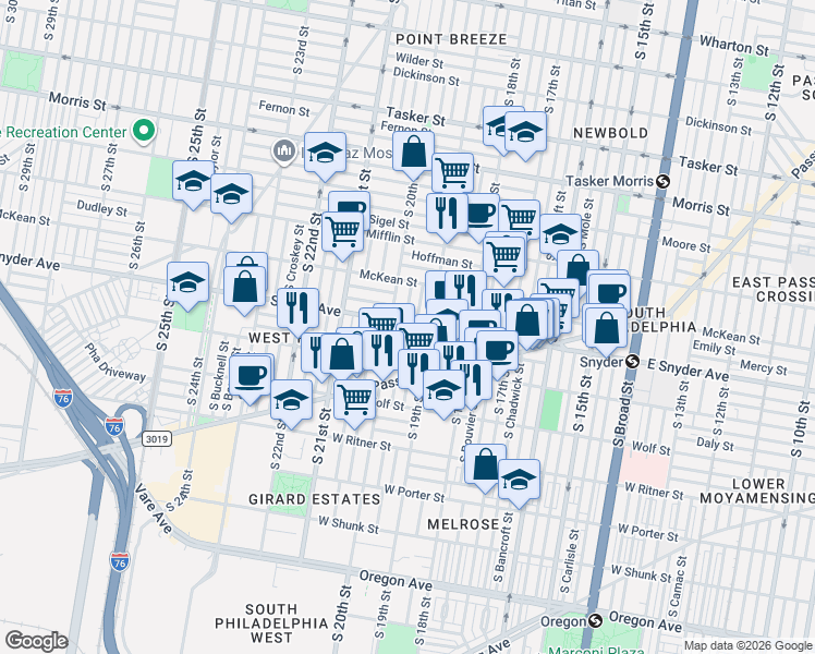 map of restaurants, bars, coffee shops, grocery stores, and more near 1925 Snyder Avenue in Philadelphia
