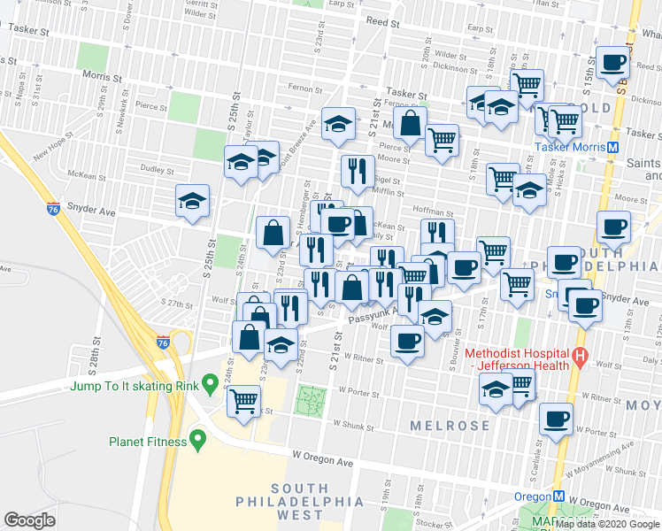 map of restaurants, bars, coffee shops, grocery stores, and more near 2116 South 21st Street in Philadelphia