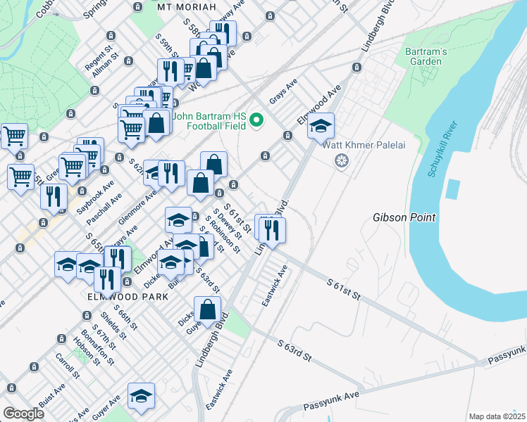 map of restaurants, bars, coffee shops, grocery stores, and more near 2614 South 60th Street in Philadelphia