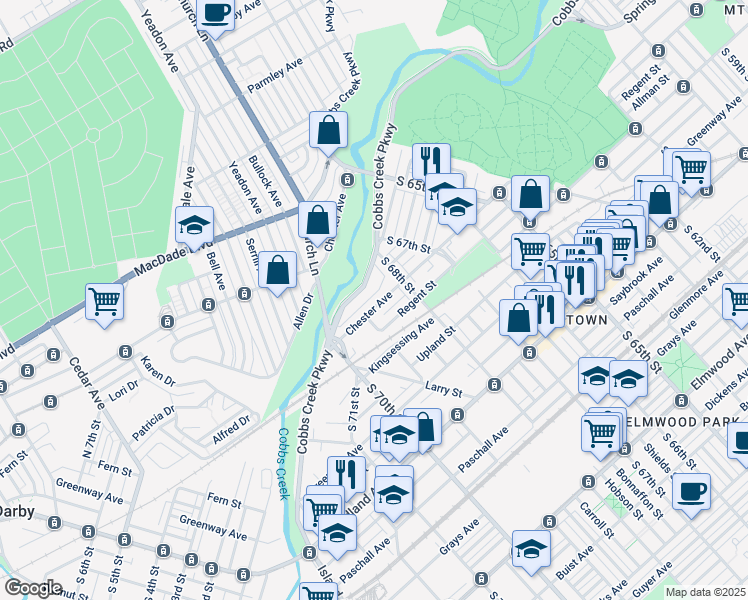 map of restaurants, bars, coffee shops, grocery stores, and more near 6831 Chester Avenue in Philadelphia