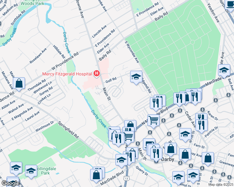 map of restaurants, bars, coffee shops, grocery stores, and more near 33 Mermont Circle in Darby