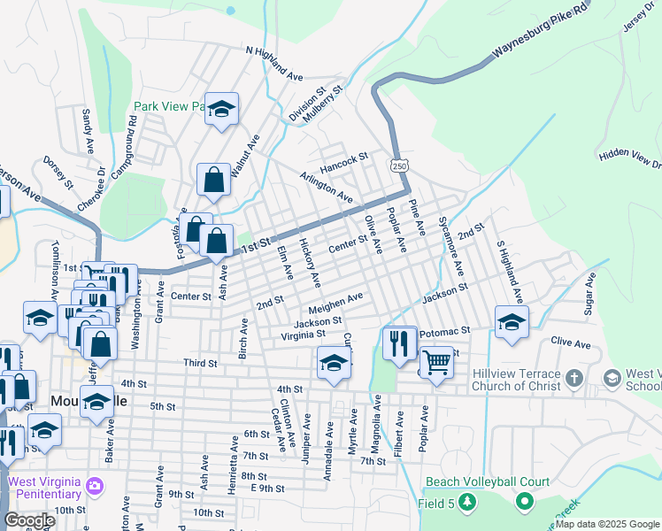 map of restaurants, bars, coffee shops, grocery stores, and more near 113 Maple Avenue in Moundsville