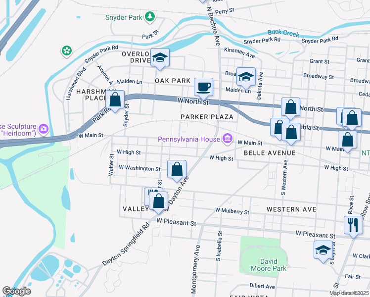 map of restaurants, bars, coffee shops, grocery stores, and more near 1529 West Main Street in Springfield