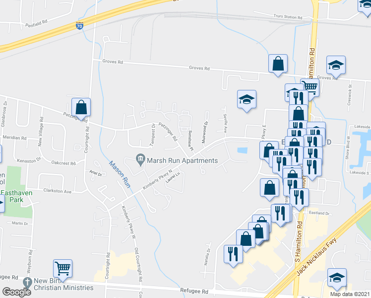 map of restaurants, bars, coffee shops, grocery stores, and more near 3896 Petzinger Road in Columbus