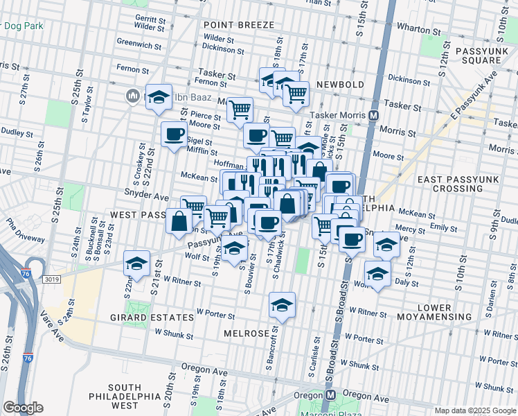 map of restaurants, bars, coffee shops, grocery stores, and more near 2038 South Bouvier Street in Philadelphia
