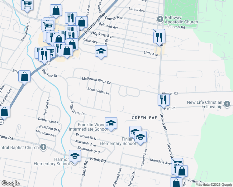 map of restaurants, bars, coffee shops, grocery stores, and more near 1520 Berkhard Drive in Columbus