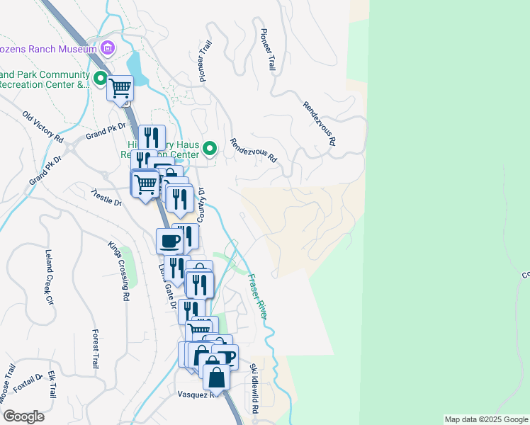 map of restaurants, bars, coffee shops, grocery stores, and more near 53 Wagon Wheel Drive in Granby